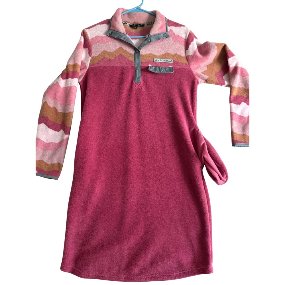 Simply Southern Women Pink Mountain Fleece Snap Neck Long Sleeve Dress Small
